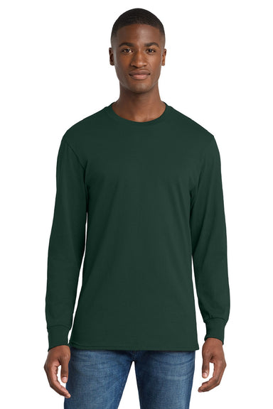 Port & Company PC54LS Mens Core Long Sleeve Crewneck T-Shirt Dark Green Model Front