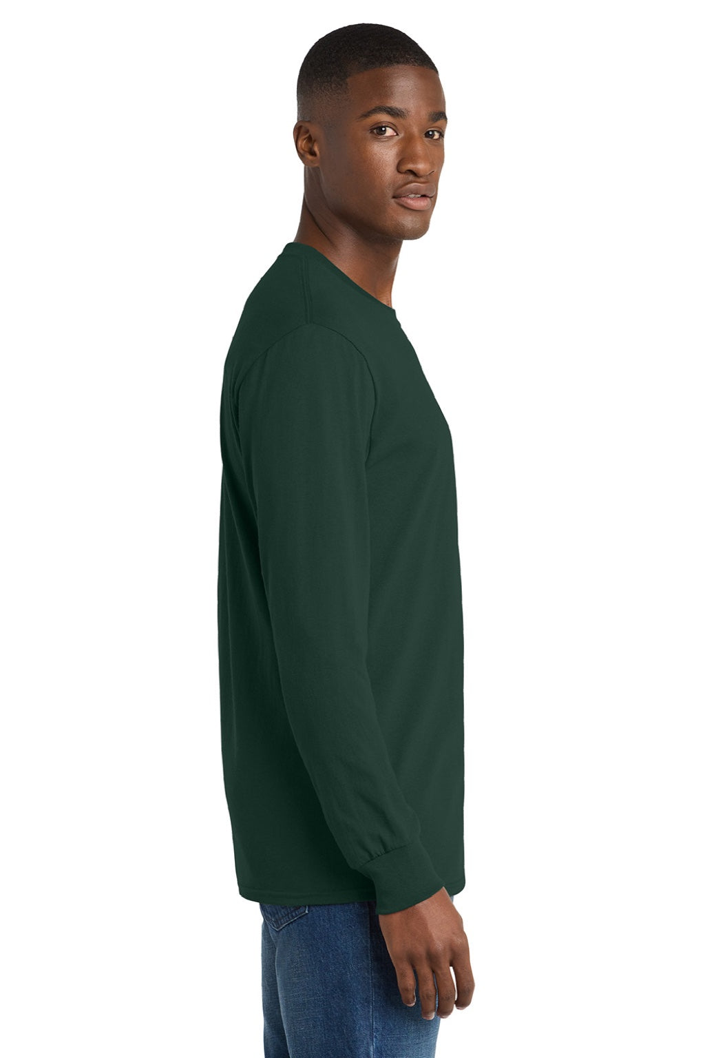 Port & Company PC54LS Mens Core Long Sleeve Crewneck T-Shirt Dark Green Model Side