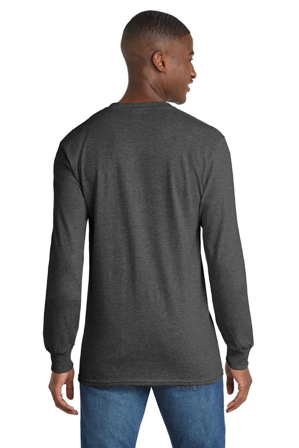 Port & Company PC54LS Mens Core Long Sleeve Crewneck T-Shirt Heather Dark Grey Model Back