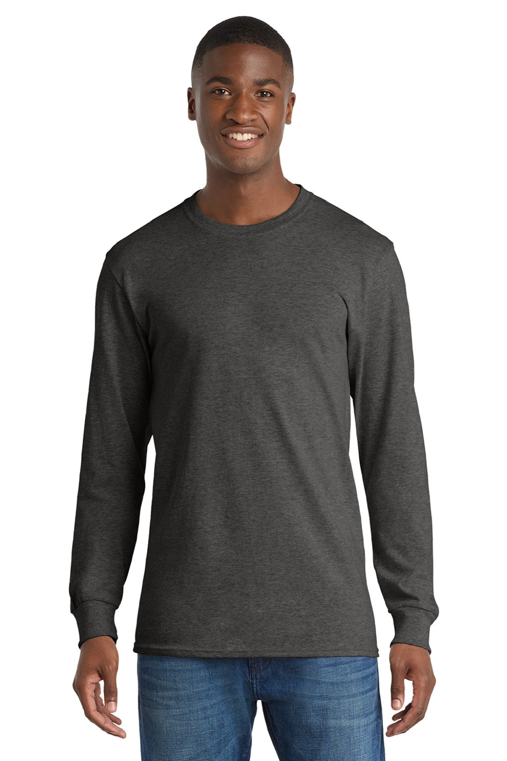 Port & Company PC54LS Mens Core Long Sleeve Crewneck T-Shirt Heather Dark Grey Model Front