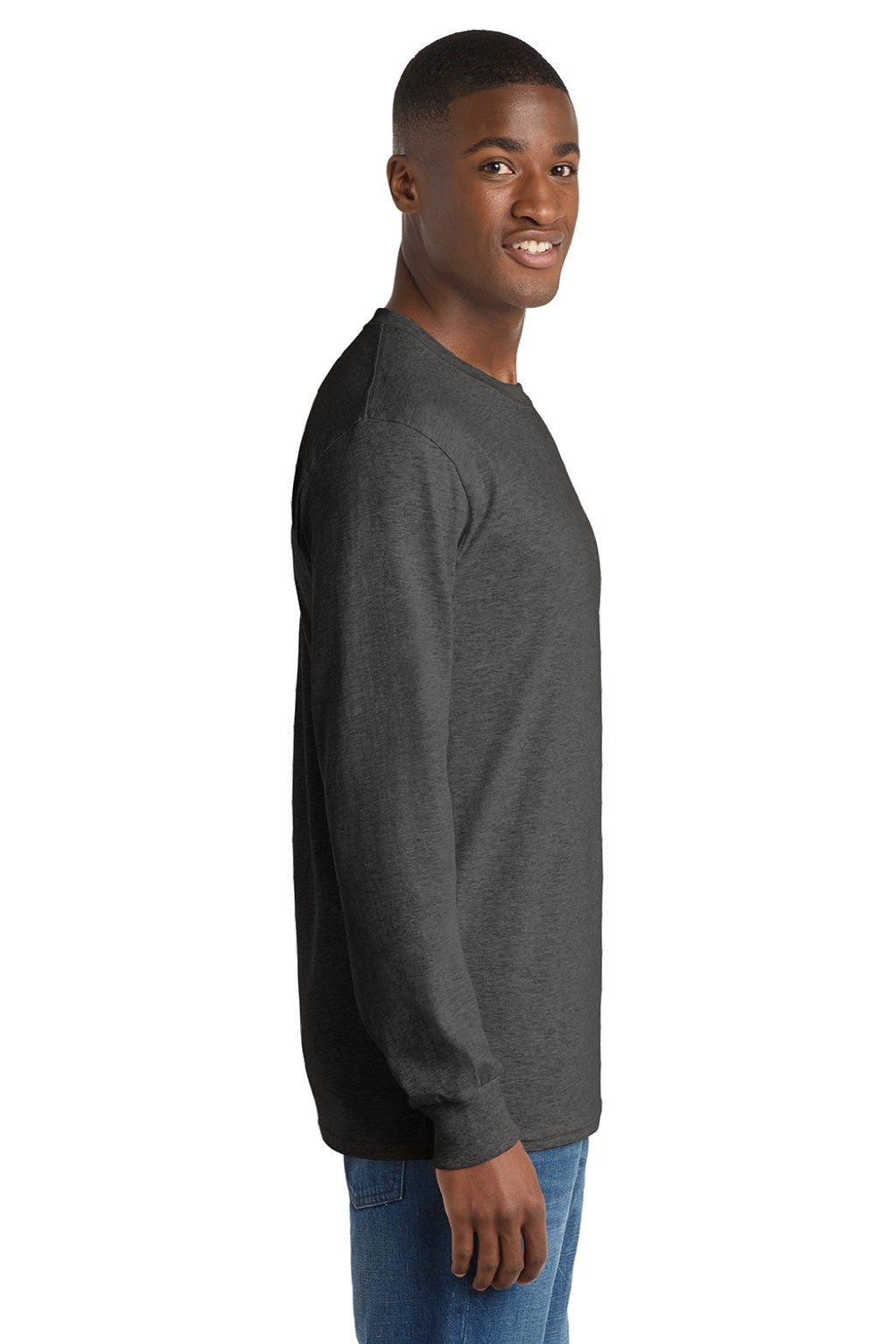 Port & Company PC54LS Mens Core Long Sleeve Crewneck T-Shirt Heather Dark Grey Model Side