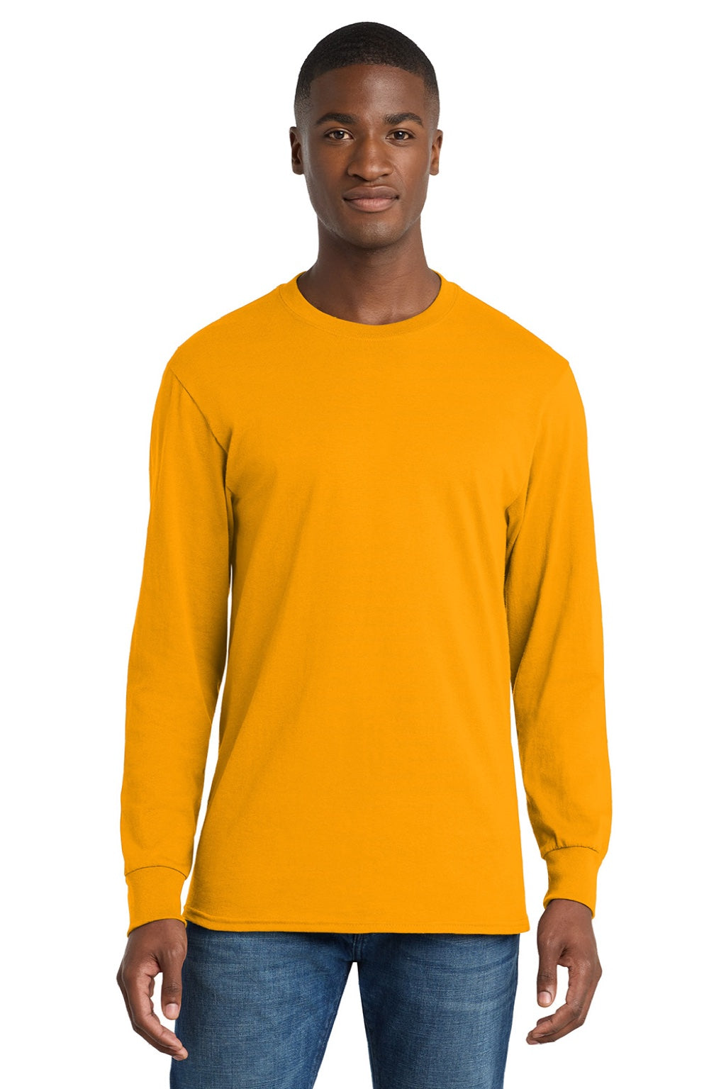 Port & Company PC54LS Mens Core Long Sleeve Crewneck T-Shirt Gold Model Front