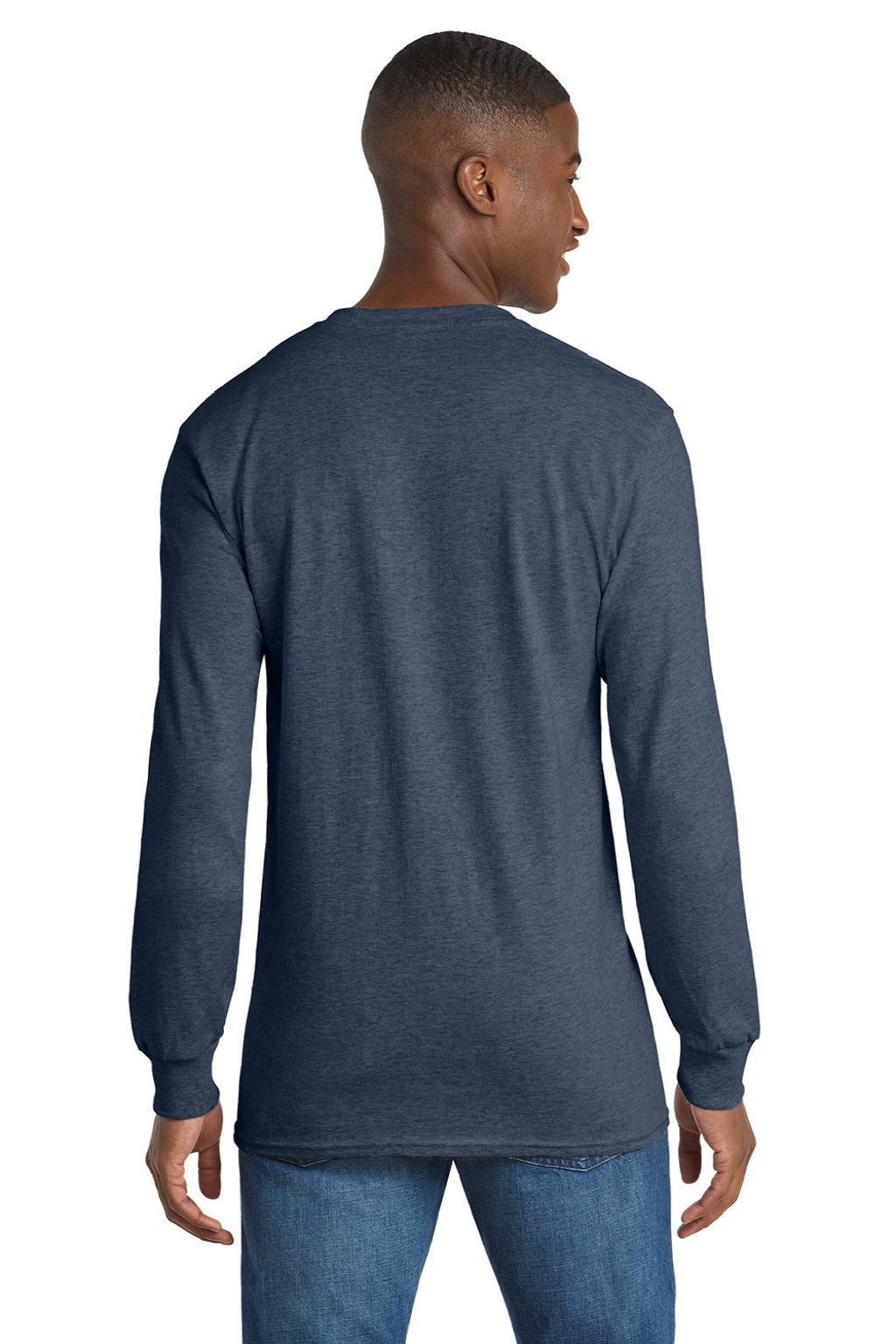 Port & Company PC54LS Mens Core Long Sleeve Crewneck T-Shirt Heather Navy Blue Model Back
