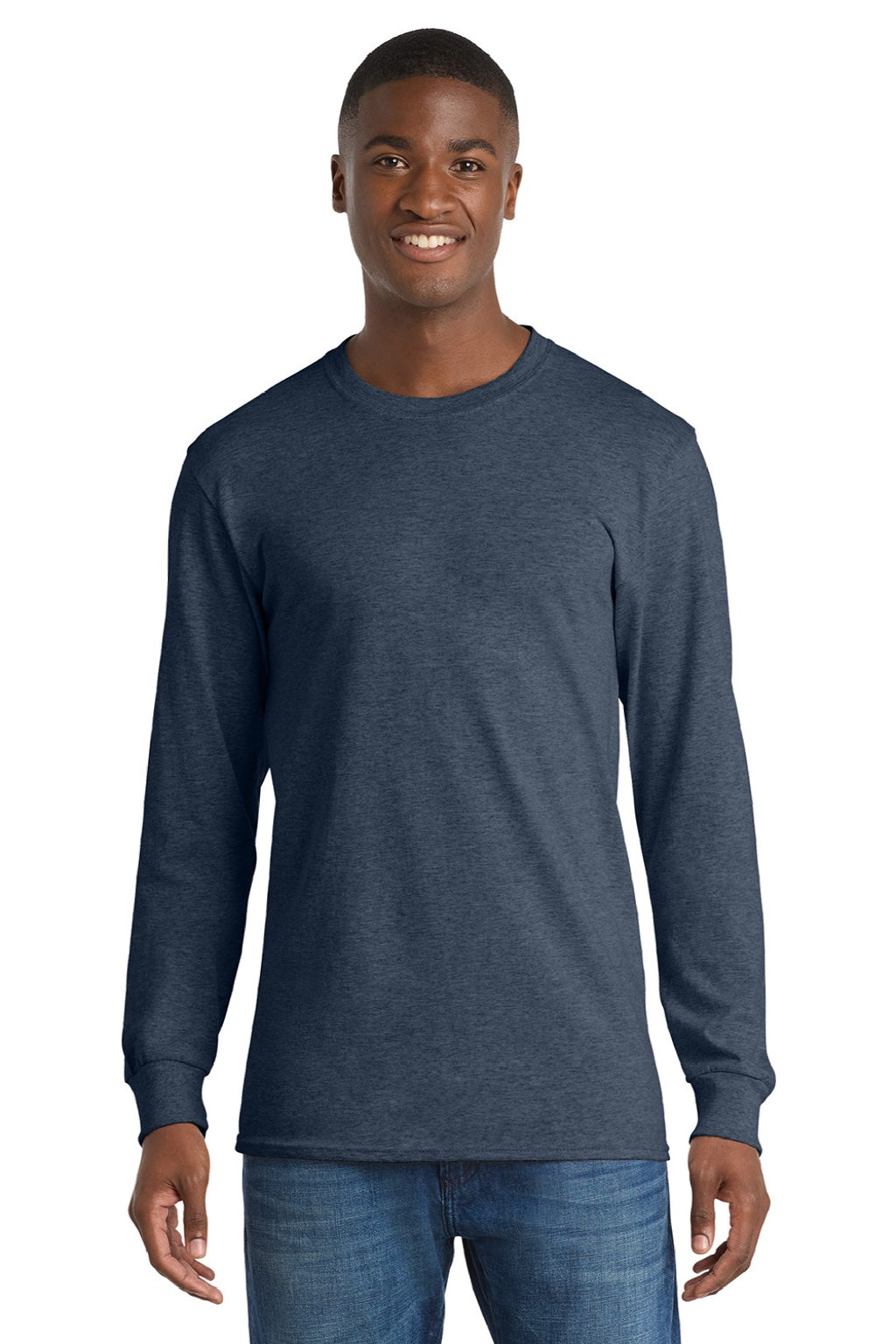 Port & Company PC54LS Mens Core Long Sleeve Crewneck T-Shirt Heather Navy Blue Model Front