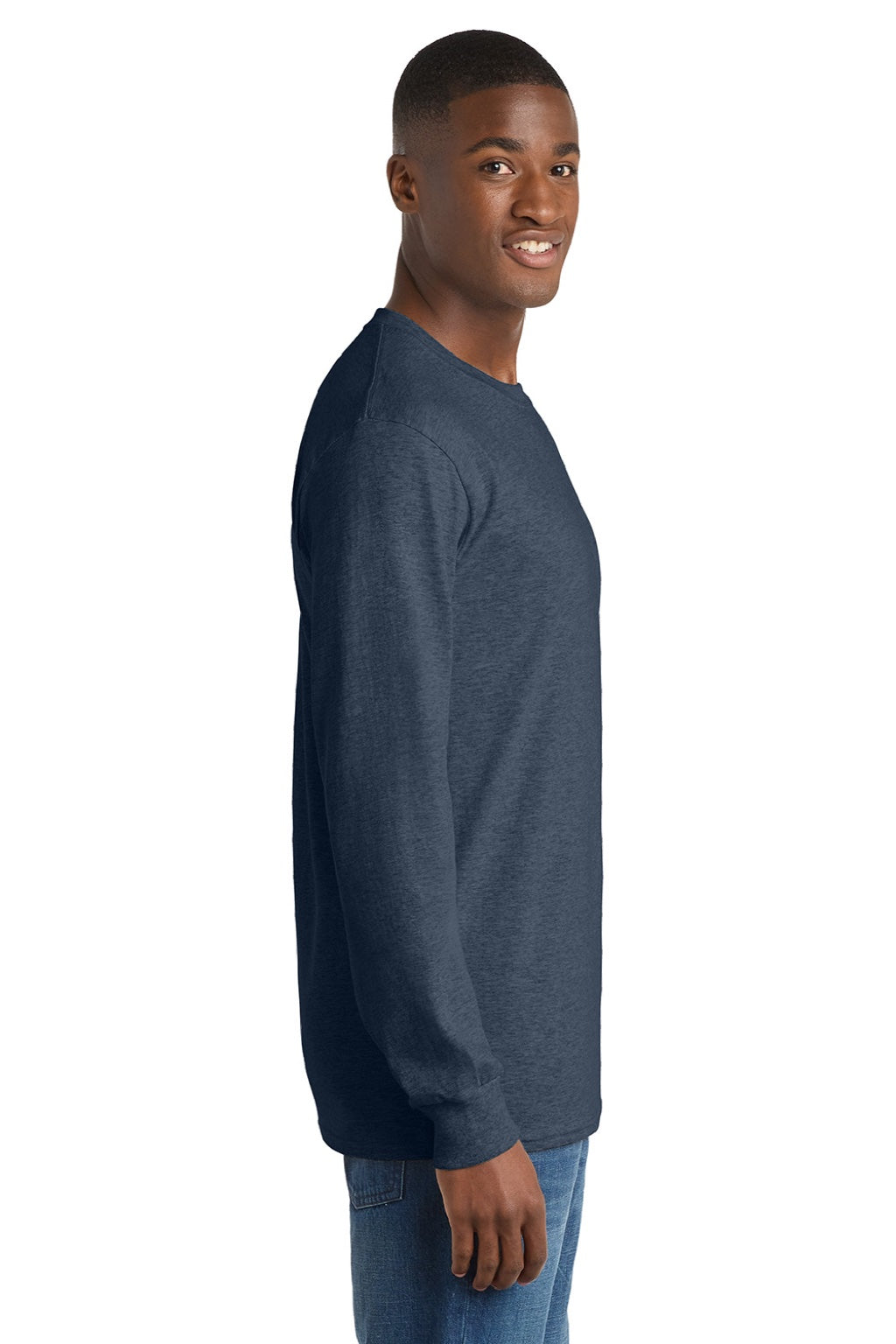 Port & Company PC54LS Mens Core Long Sleeve Crewneck T-Shirt Heather Navy Blue Model Side