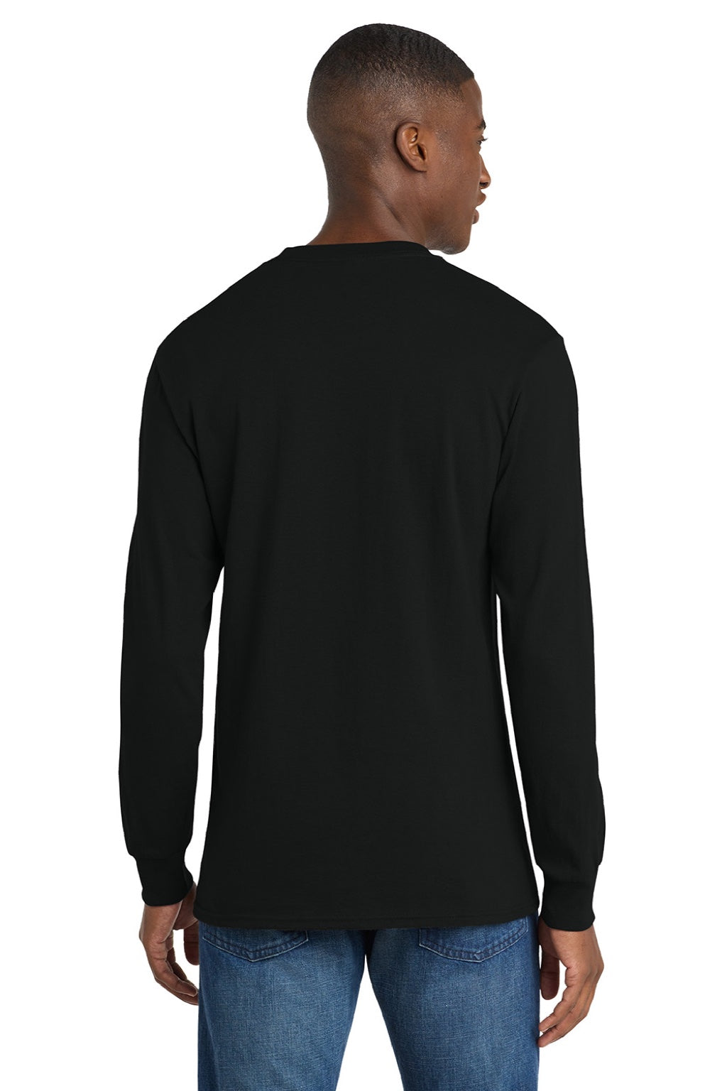 Port & Company PC54LS Mens Core Long Sleeve Crewneck T-Shirt Jet Black Model Back