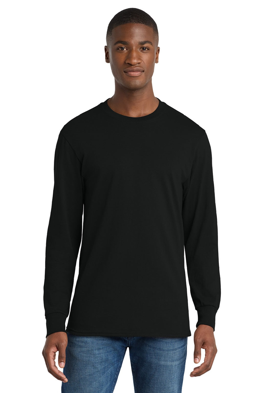 Port & Company PC54LS Mens Core Long Sleeve Crewneck T-Shirt Jet Black Model Front