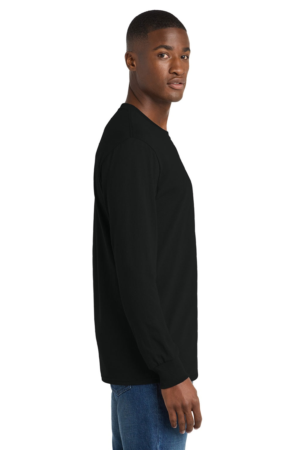 Port & Company PC54LS Mens Core Long Sleeve Crewneck T-Shirt Jet Black Model Side
