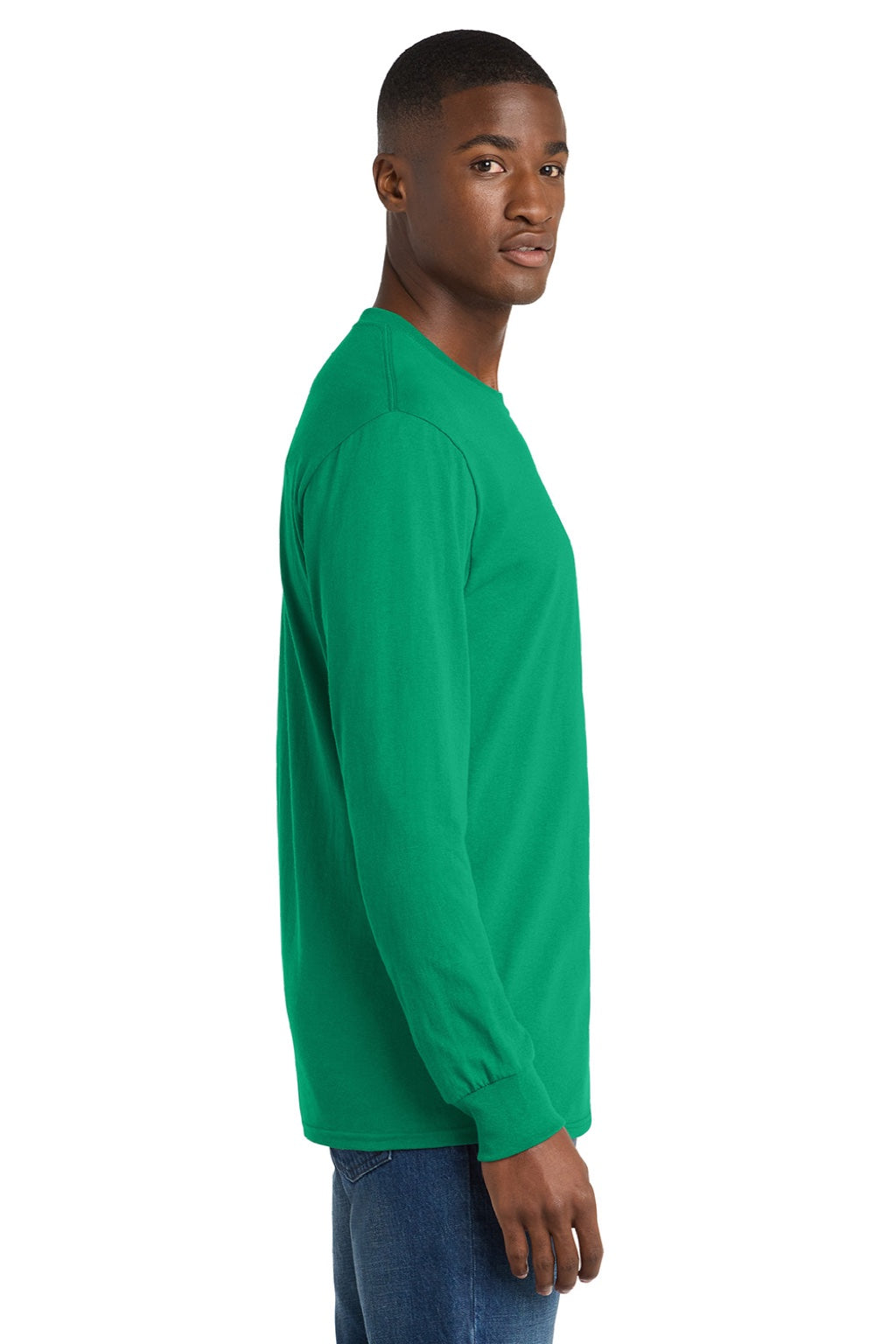 Port & Company PC54LS Mens Core Long Sleeve Crewneck T-Shirt Kelly Green Model Side