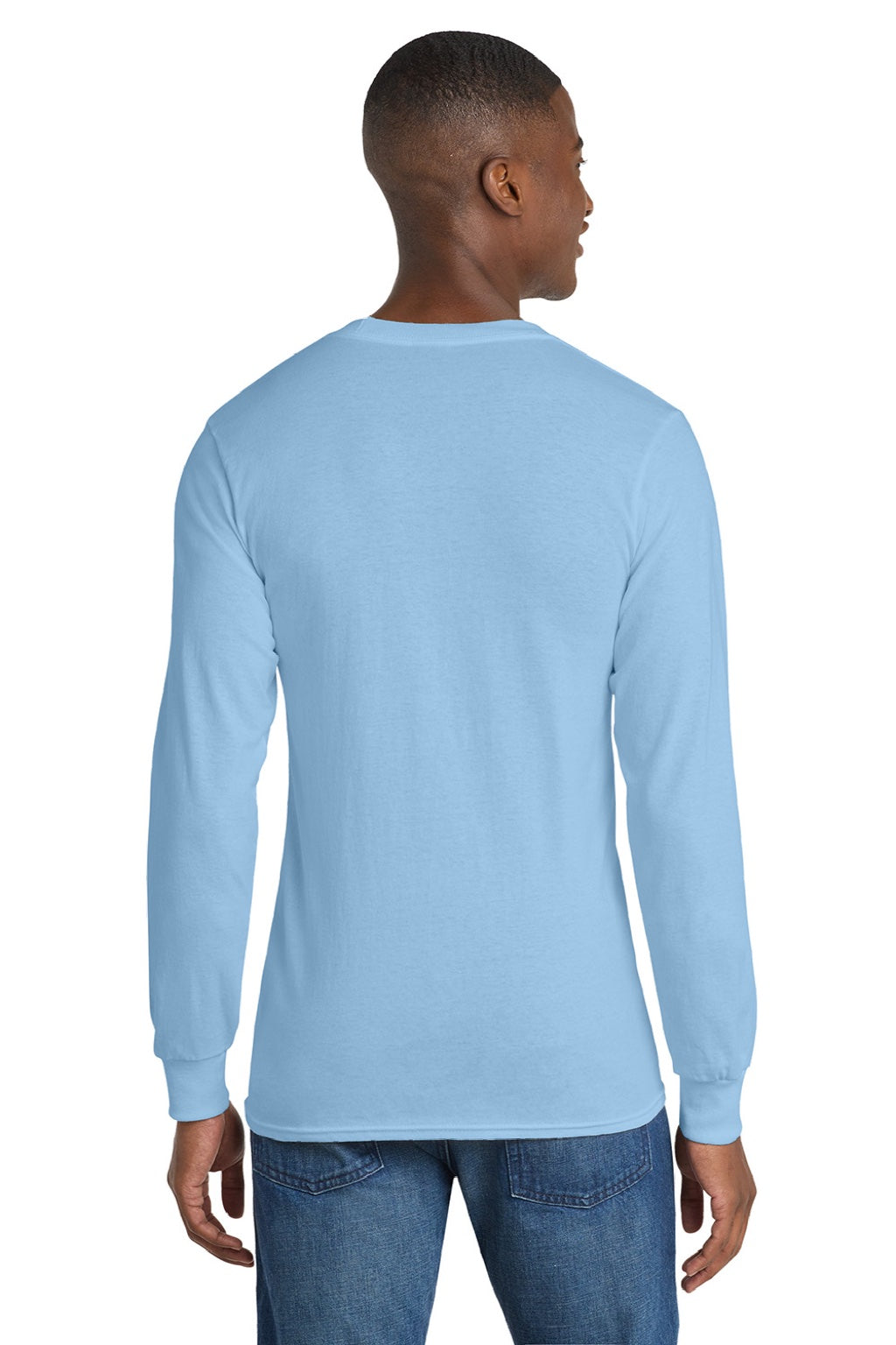Port & Company PC54LS Mens Core Long Sleeve Crewneck T-Shirt Light Blue Model Back