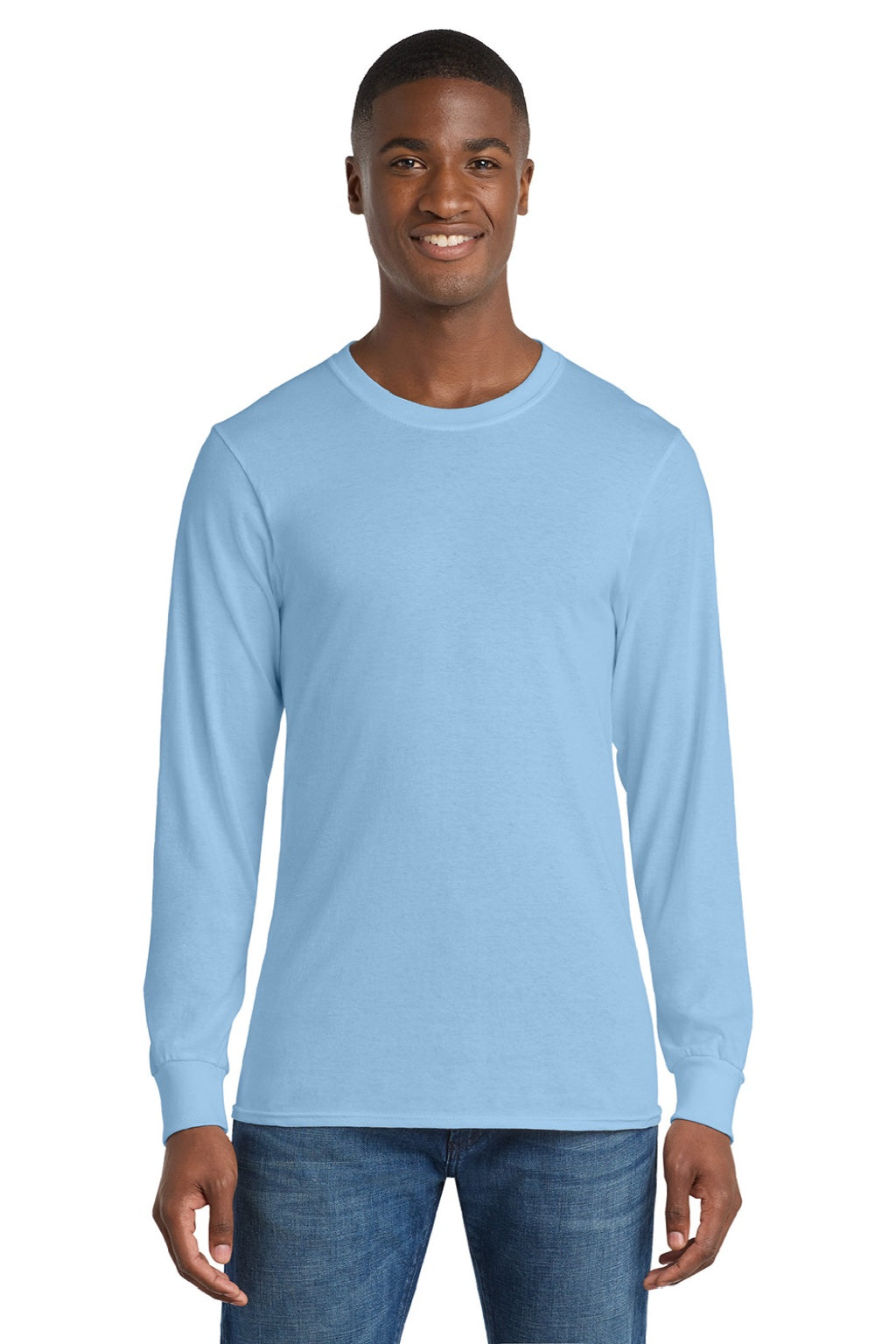 Port & Company PC54LS Mens Core Long Sleeve Crewneck T-Shirt Light Blue Model Front