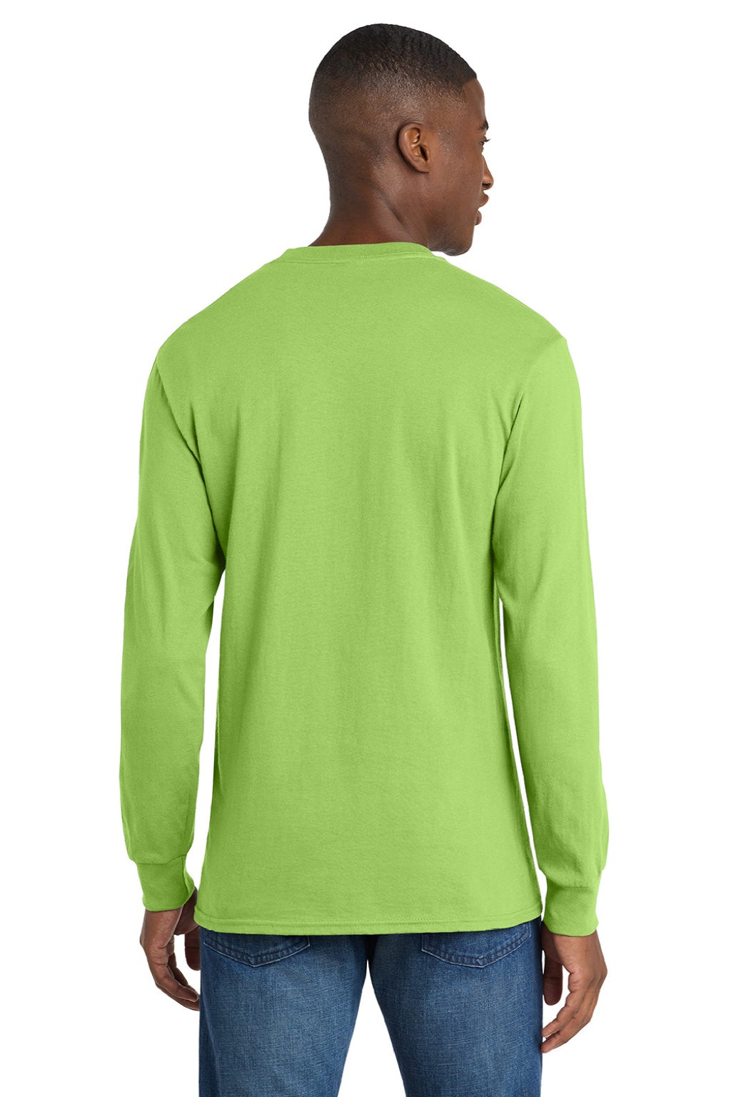 Port & Company PC54LS Mens Core Long Sleeve Crewneck T-Shirt Lime Green Model Back