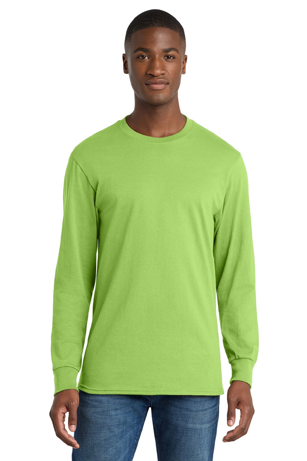 Port & Company PC54LS Mens Core Long Sleeve Crewneck T-Shirt Lime Green Model Front