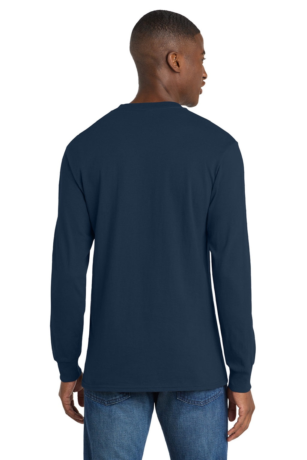 Port & Company PC54LS Mens Core Long Sleeve Crewneck T-Shirt Navy Blue Model Back