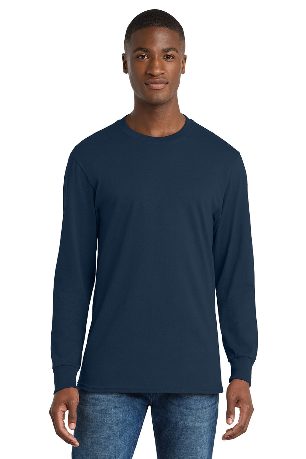 Port & Company PC54LS Mens Core Long Sleeve Crewneck T-Shirt Navy Blue Model Front