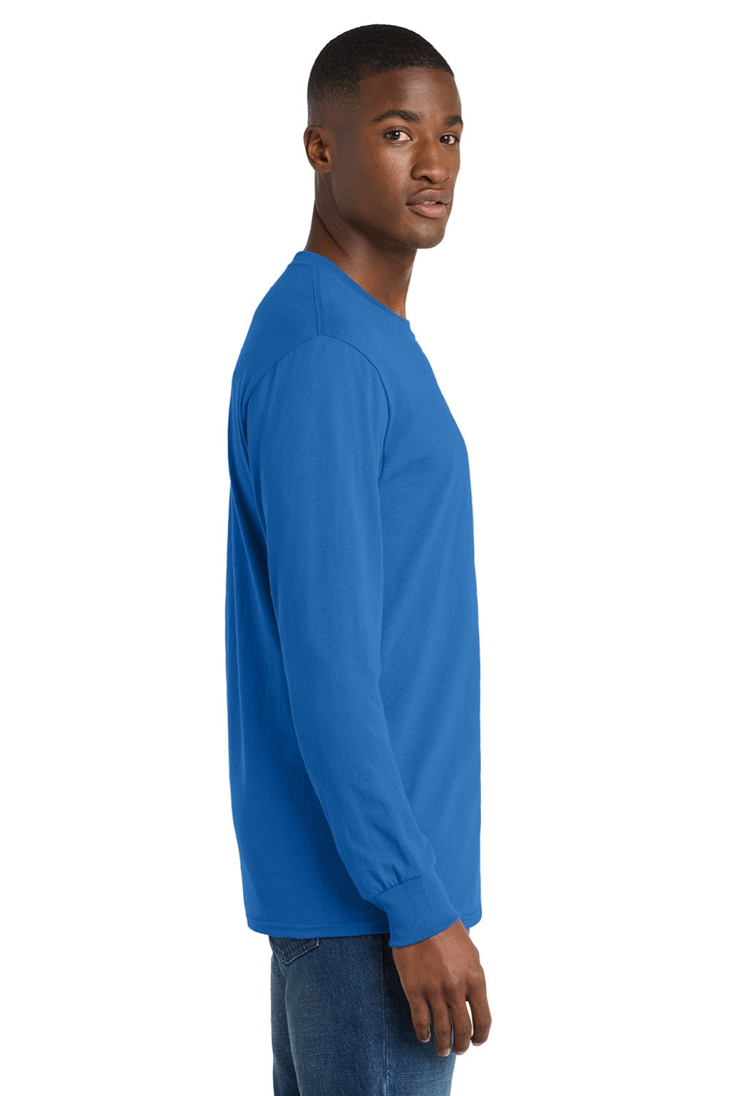 Port & Company PC54LS Mens Core Long Sleeve Crewneck T-Shirt Royal Blue Model Side