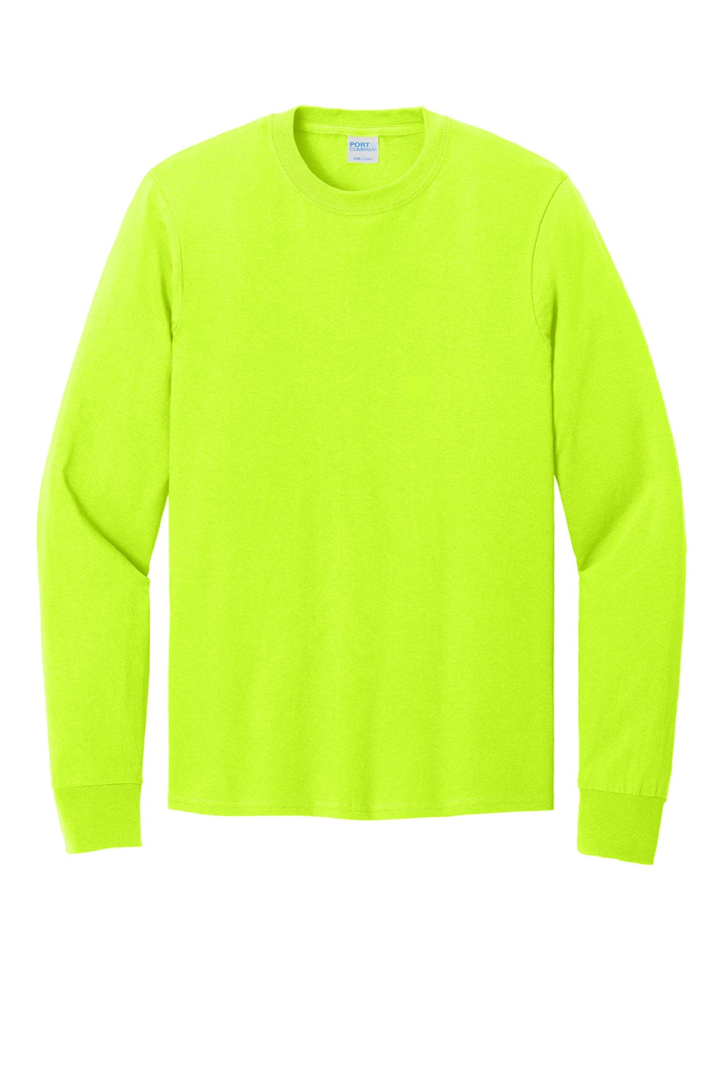 Port & Company PC54LS Mens Core Long Sleeve Crewneck T-Shirt Safety Green Flat Front