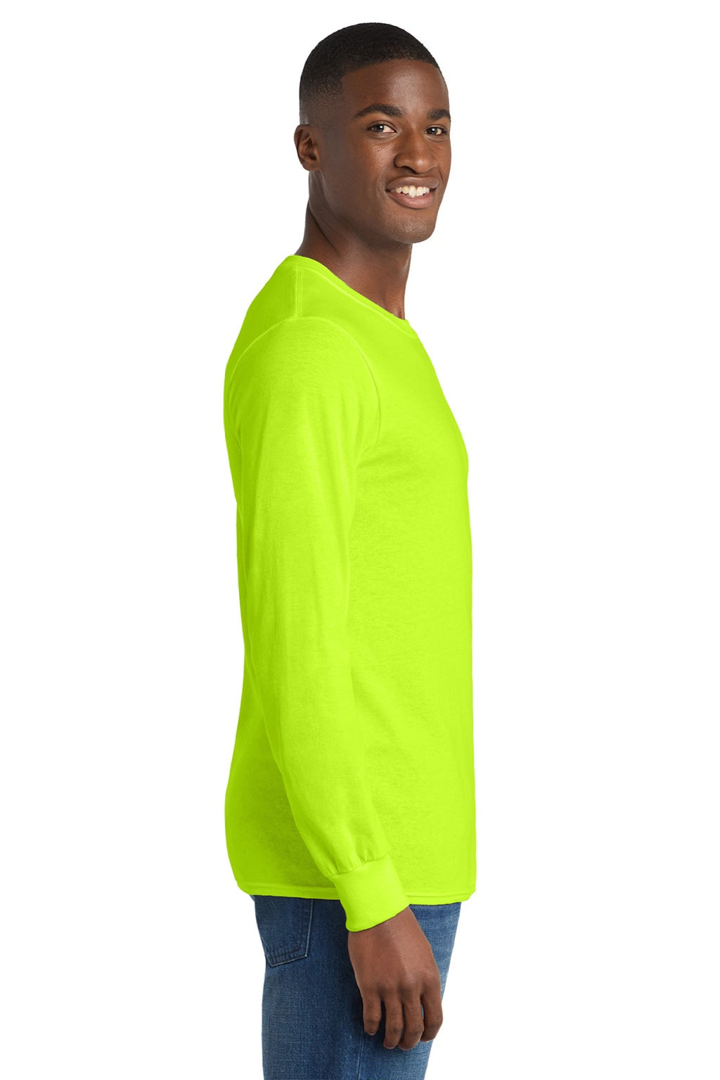 Port & Company PC54LS Mens Core Long Sleeve Crewneck T-Shirt Safety Green Model Side