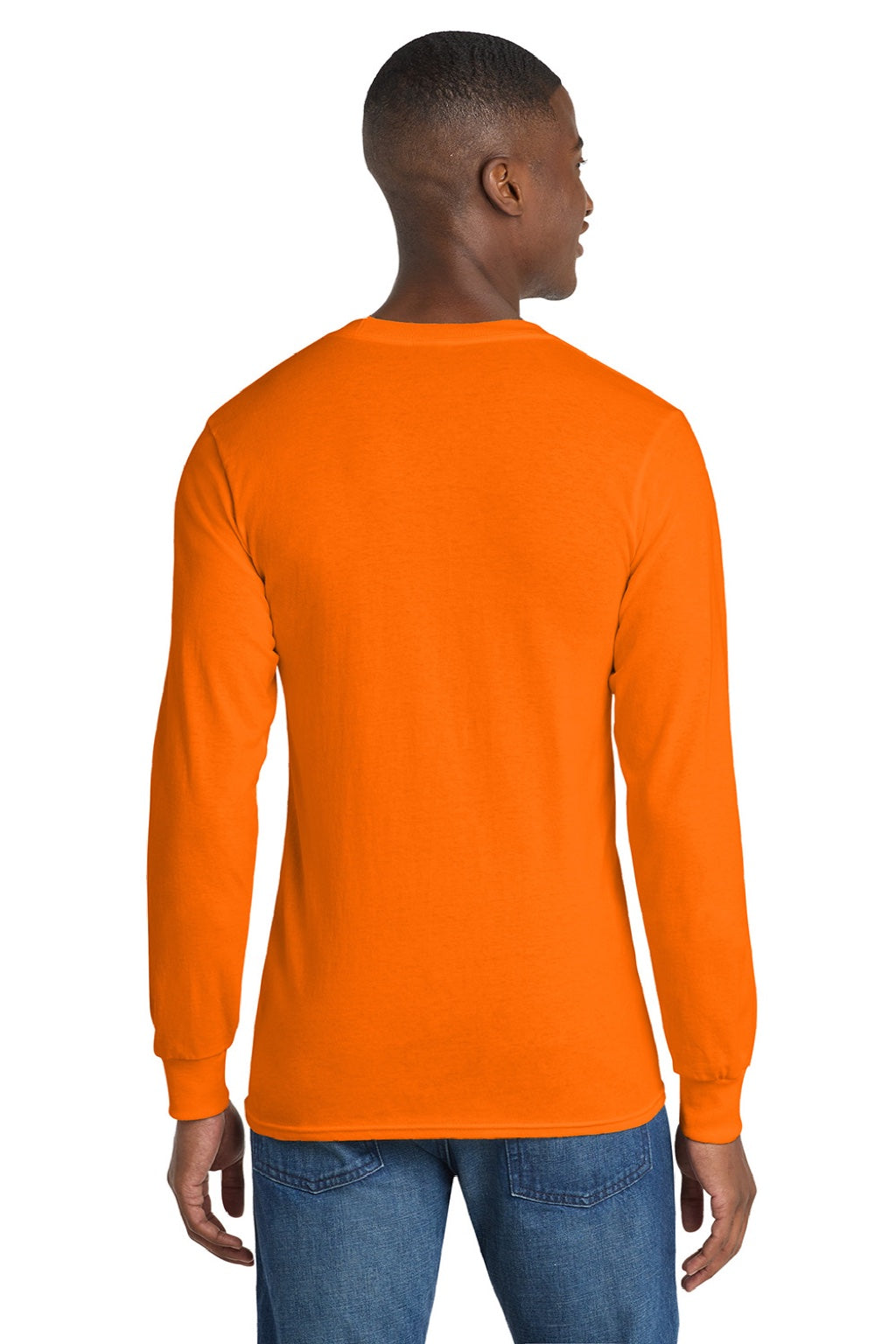 Port & Company PC54LS Mens Core Long Sleeve Crewneck T-Shirt Safety Orange Model Back