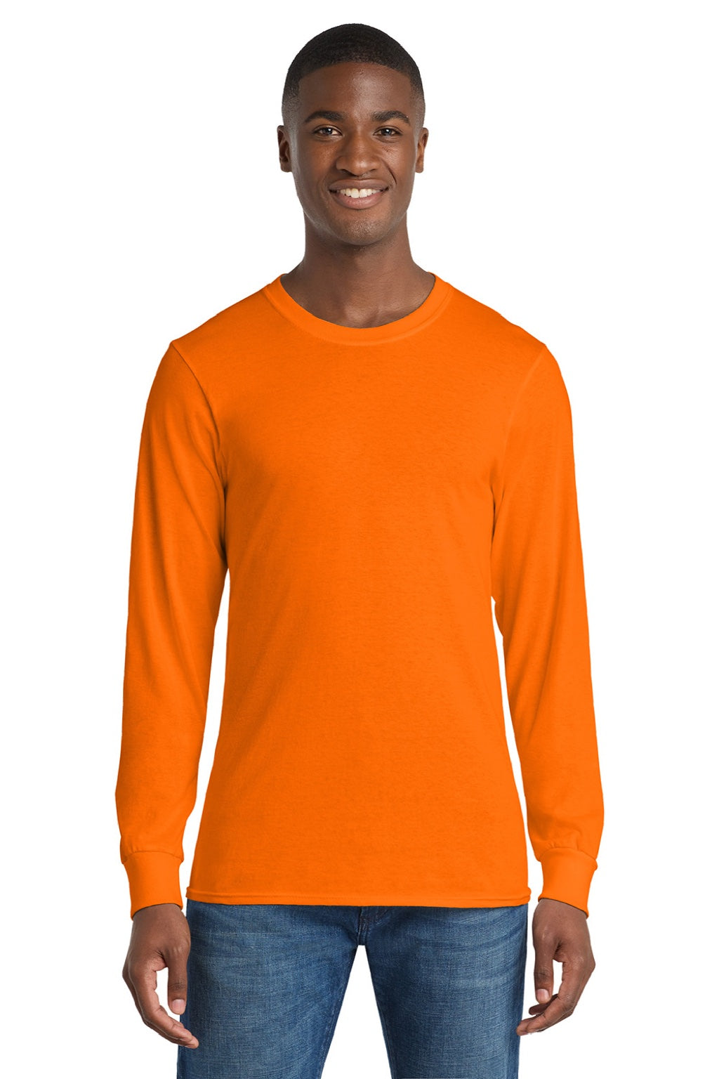 Port & Company PC54LS Mens Core Long Sleeve Crewneck T-Shirt Safety Orange Model Front