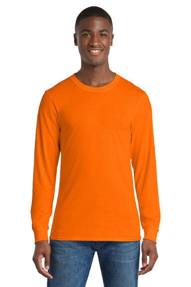 Port & Company PC54LS Mens Core Long Sleeve Crewneck T-Shirt Safety Orange Model Front
