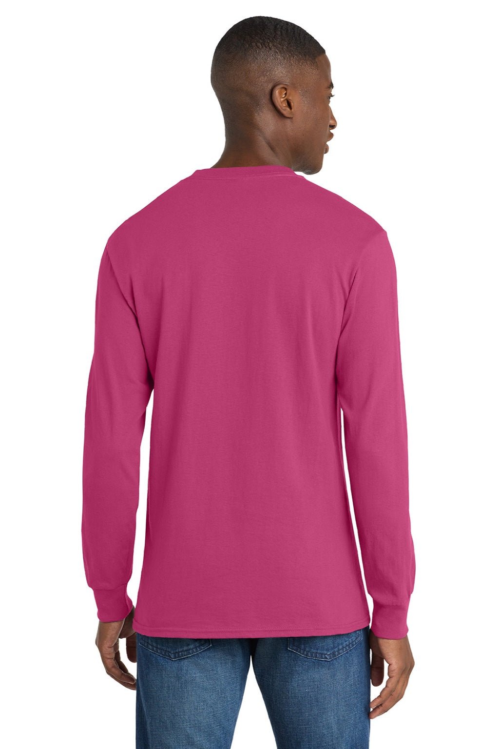 Port & Company PC54LS Mens Core Long Sleeve Crewneck T-Shirt Sangria Pink Model Back