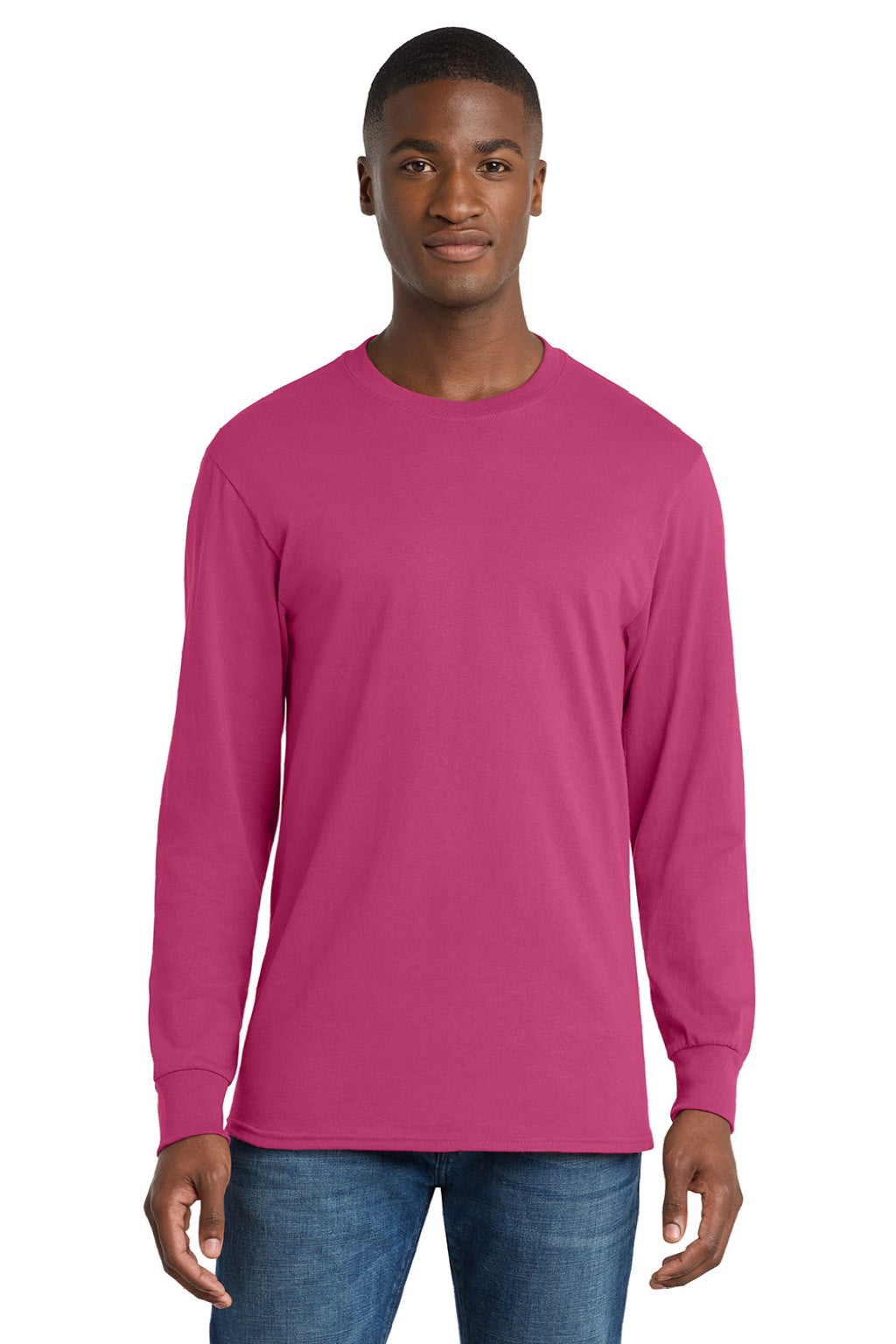 Port & Company PC54LS Mens Core Long Sleeve Crewneck T-Shirt Sangria Pink Model Front