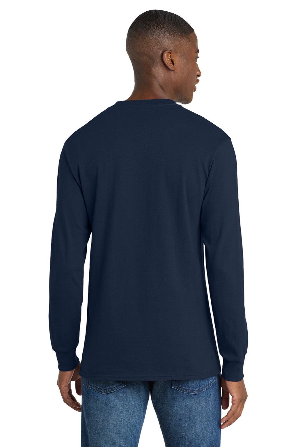 Port & Company PC54LS Mens Core Long Sleeve Crewneck T-Shirt True Navy Blue Model Back
