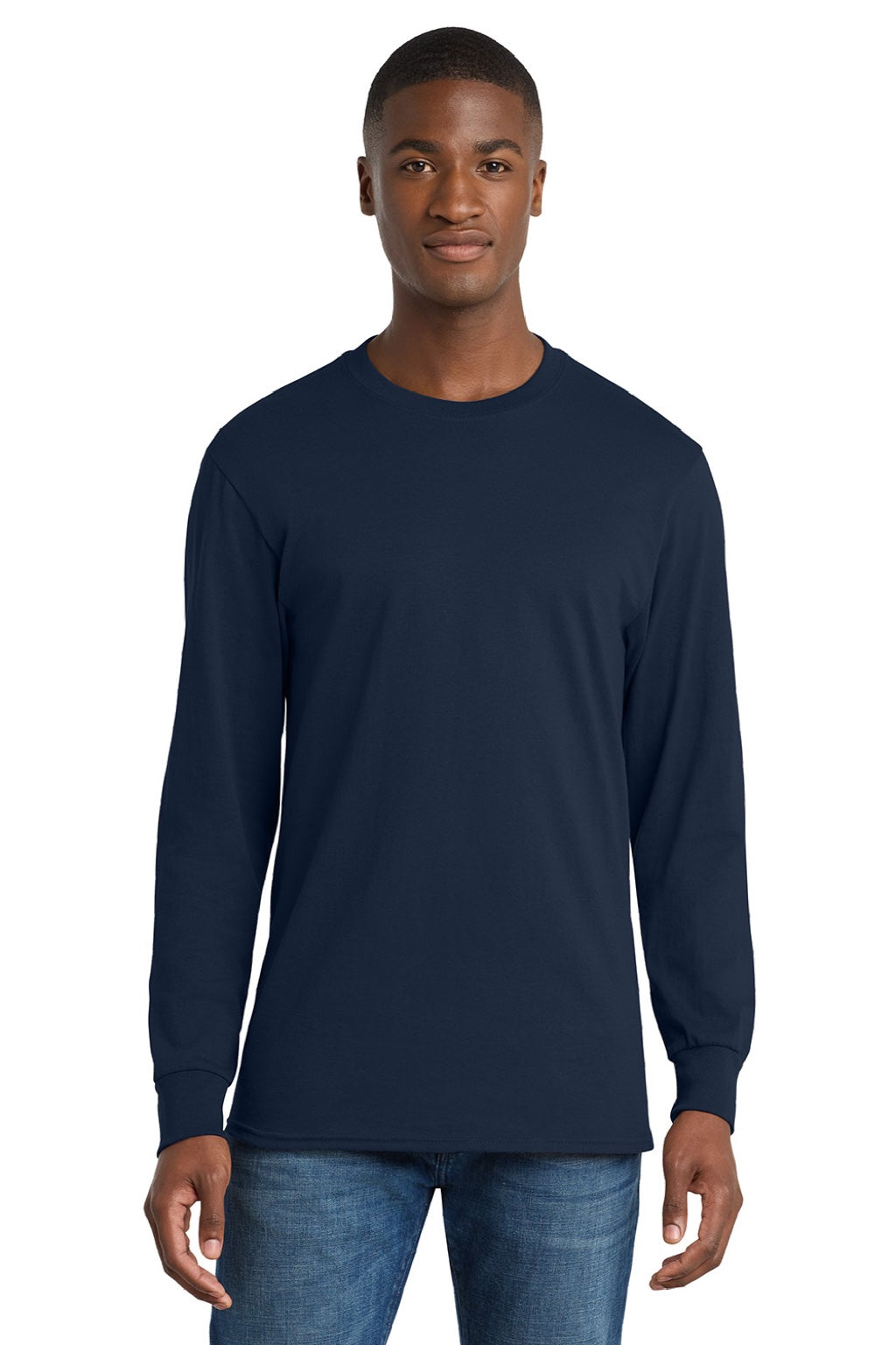 Port & Company PC54LS Mens Core Long Sleeve Crewneck T-Shirt True Navy Blue Model Front