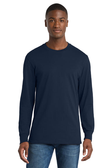 Port & Company PC54LS Mens Core Long Sleeve Crewneck T-Shirt True Navy Blue Model Front
