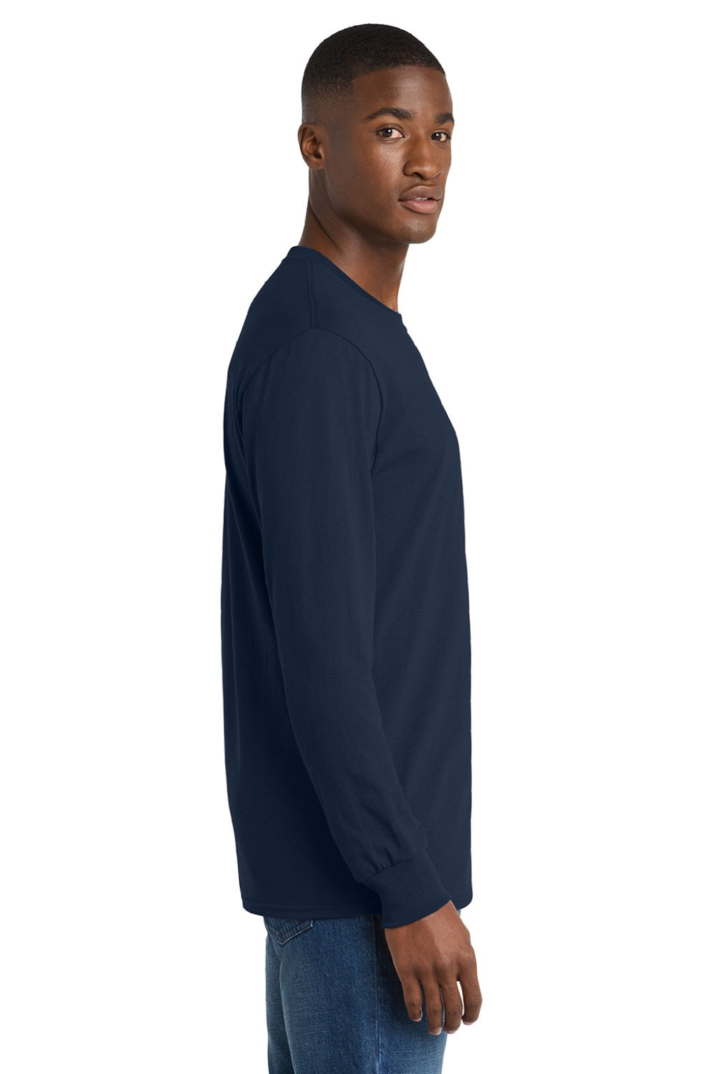 Port & Company PC54LS Mens Core Long Sleeve Crewneck T-Shirt True Navy Blue Model Side