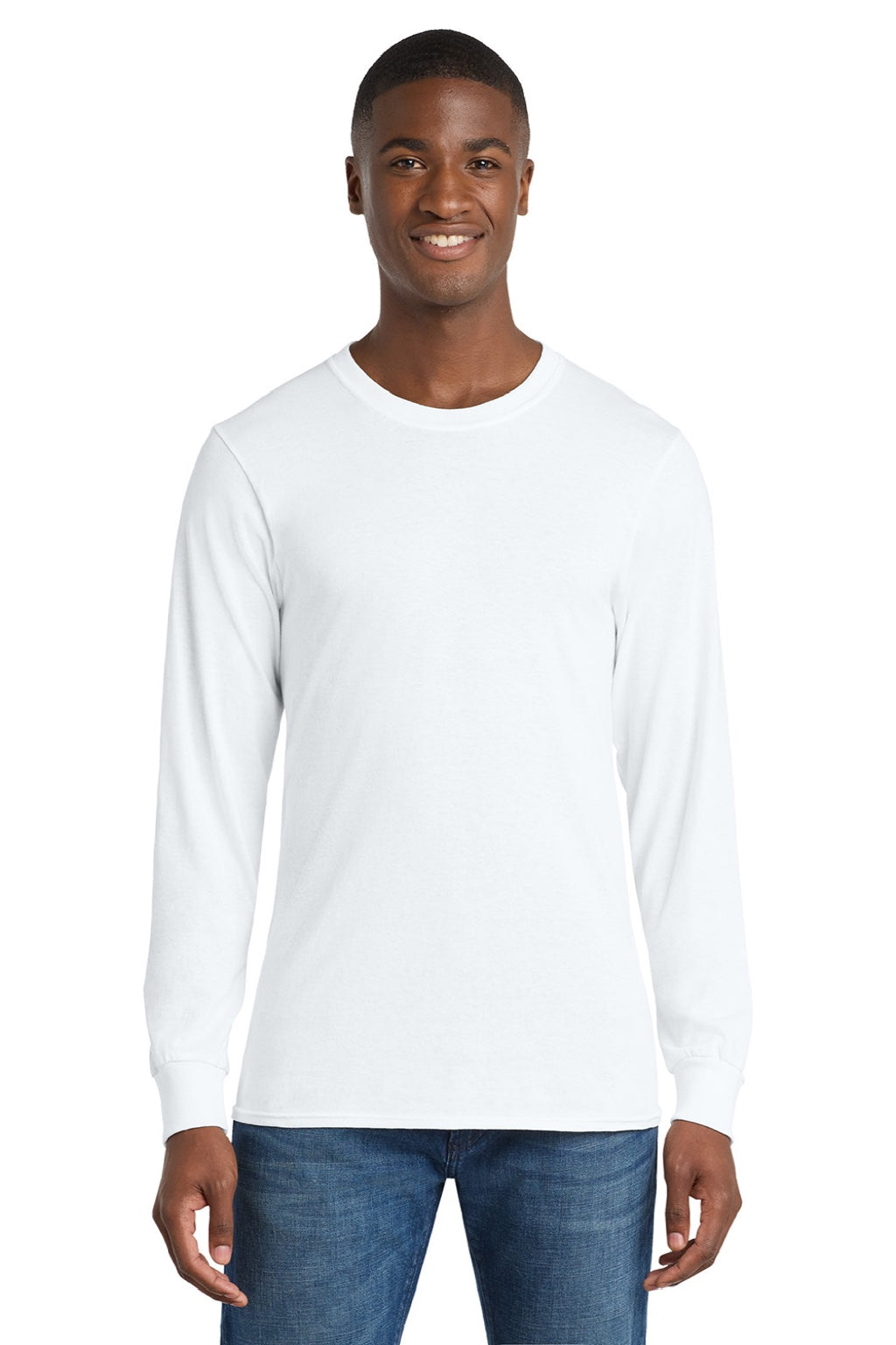 Port & Company PC54LS Mens Core Long Sleeve Crewneck T-Shirt White Model Front