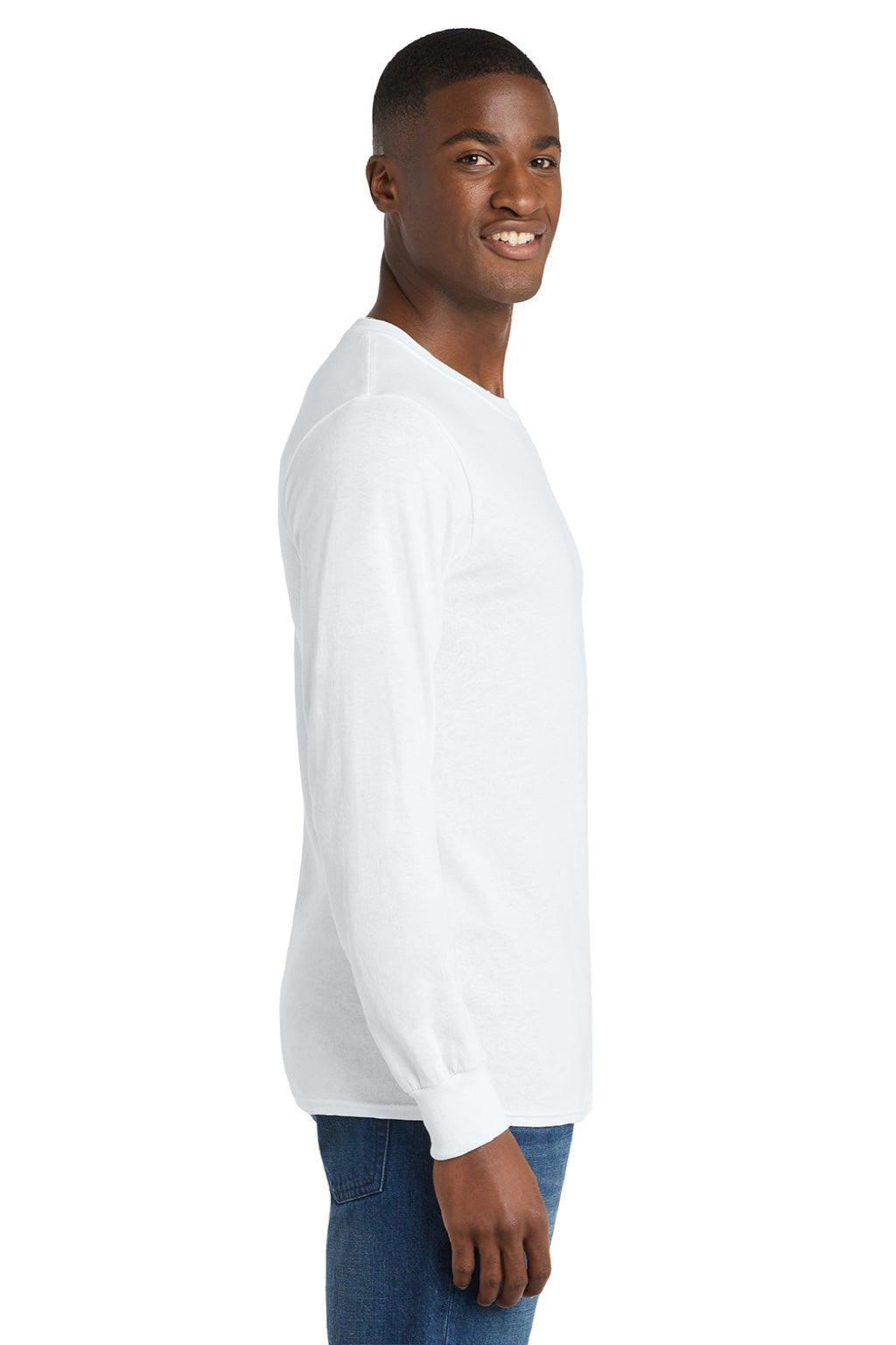 Port & Company PC54LS Mens Core Long Sleeve Crewneck T-Shirt White Model Side