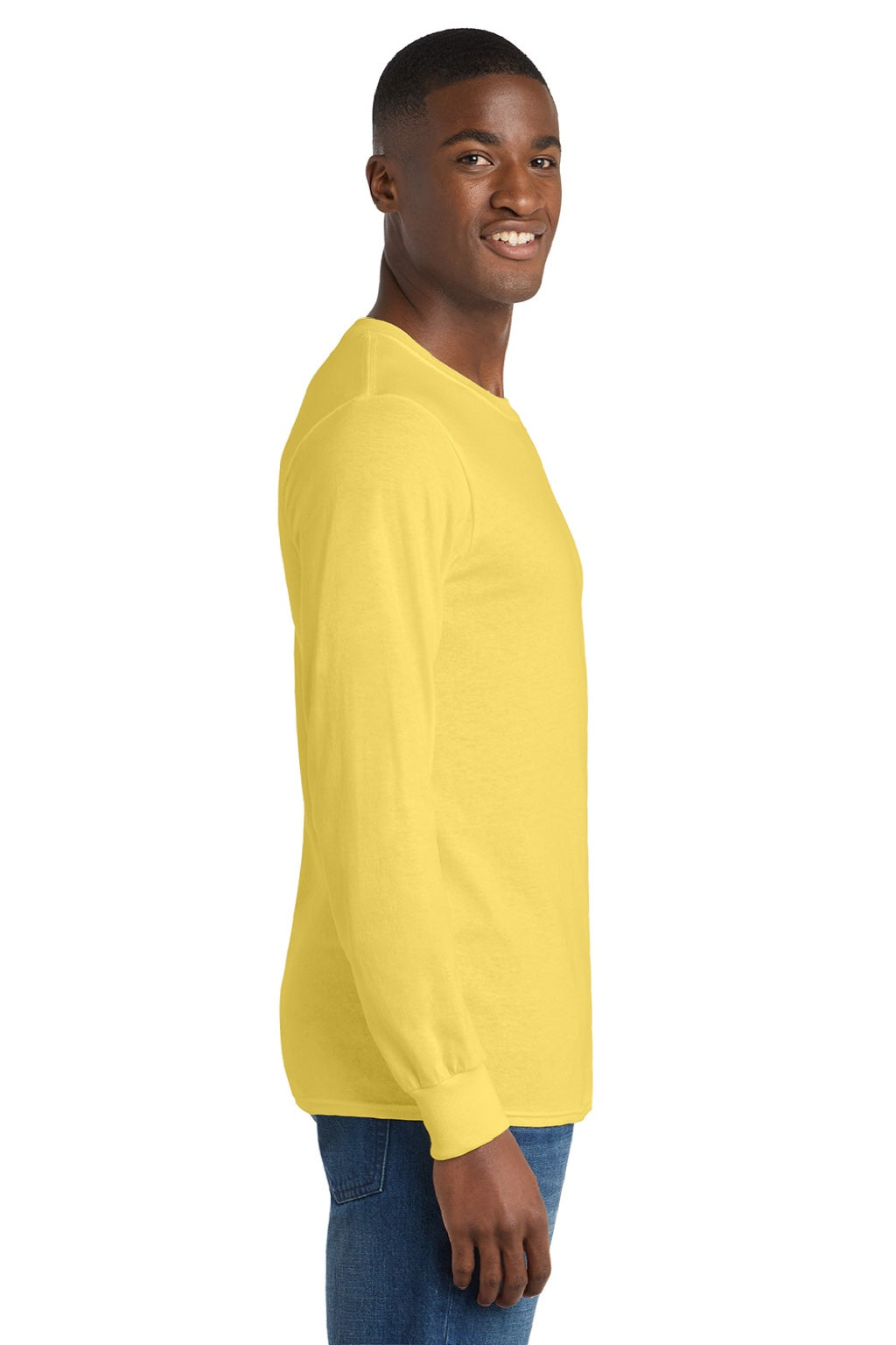 Port & Company PC54LS Mens Core Long Sleeve Crewneck T-Shirt Yellow Model Side