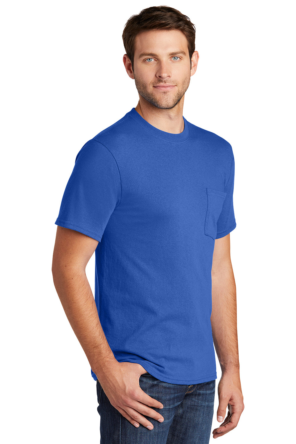 Port & Company PC54P Mens Core Short Sleeve Crewneck T-Shirt w/ Pocket Royal Blue Model 3q