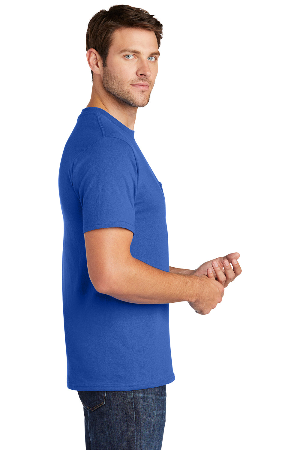 Port & Company PC54P Mens Core Short Sleeve Crewneck T-Shirt w/ Pocket Royal Blue Model Side