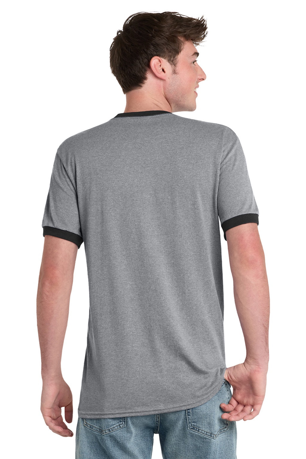 Port & Company PC54R Mens Core Ringer Short Sleeve Crewneck T-Shirt Heather Grey/Jet Black Model Back