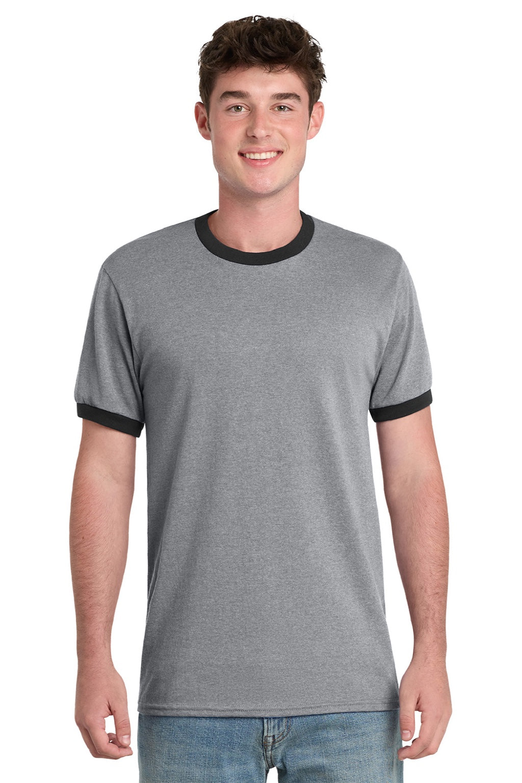 Port & Company PC54R Mens Core Ringer Short Sleeve Crewneck T-Shirt Heather Grey/Jet Black Model Front