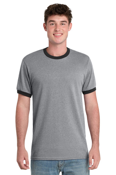Port & Company PC54R Mens Core Ringer Short Sleeve Crewneck T-Shirt Heather Grey/Jet Black Model Front