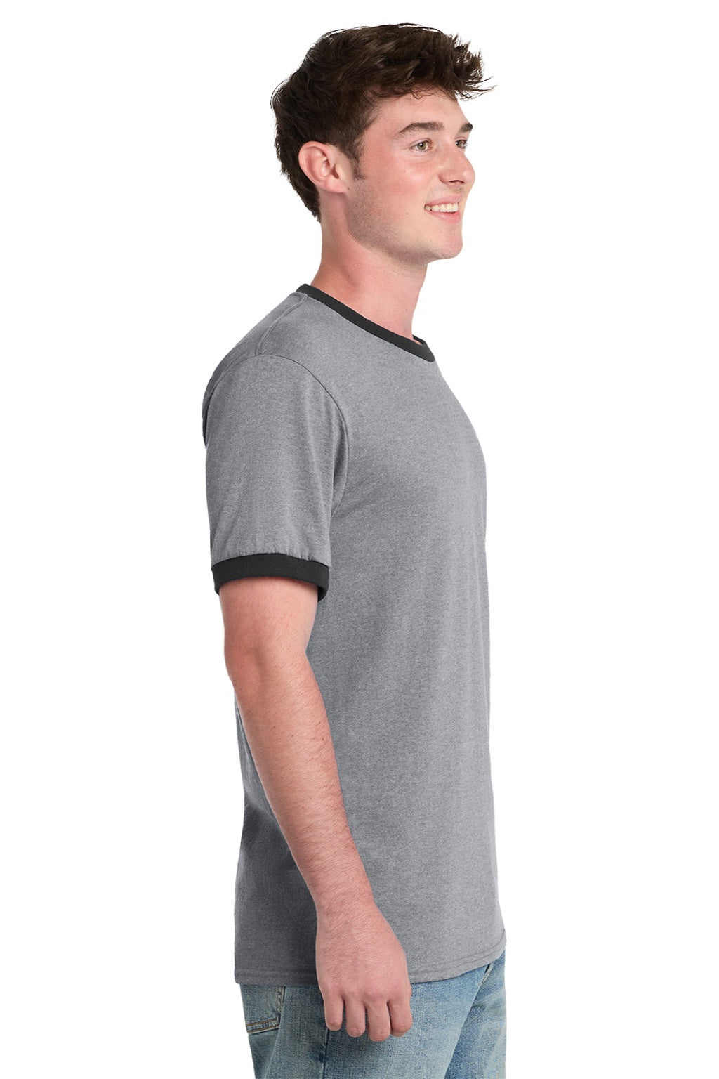 Port & Company PC54R Mens Core Ringer Short Sleeve Crewneck T-Shirt Heather Grey/Jet Black Model Side