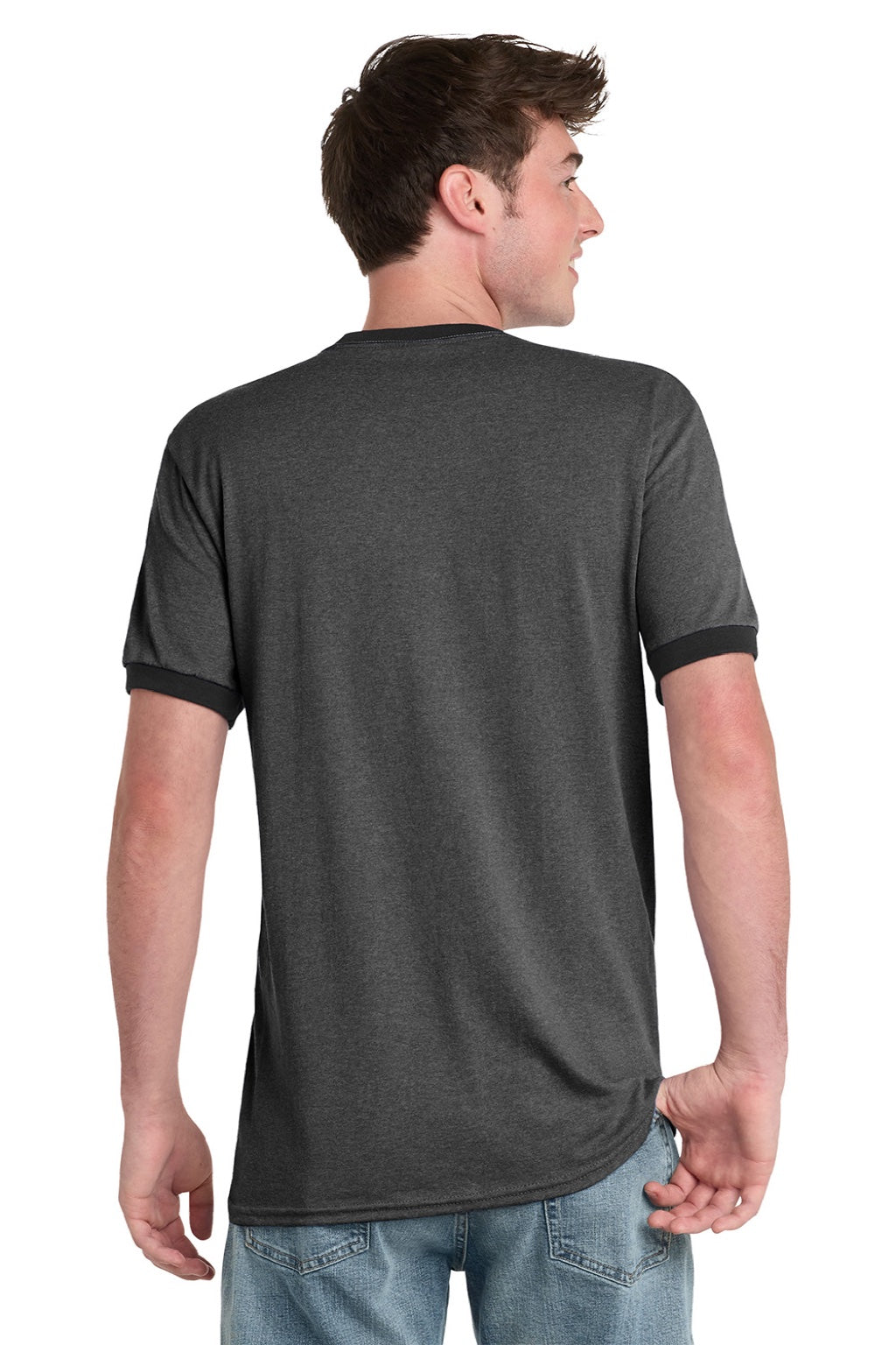 Port & Company PC54R Mens Core Ringer Short Sleeve Crewneck T-Shirt Heather Dark Grey/Jet Black Model Back