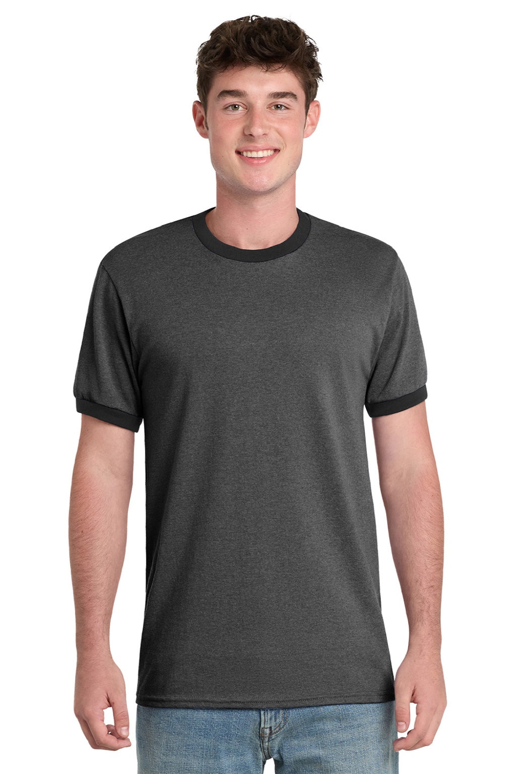 Port & Company PC54R Mens Core Ringer Short Sleeve Crewneck T-Shirt Heather Dark Grey/Jet Black Model Front