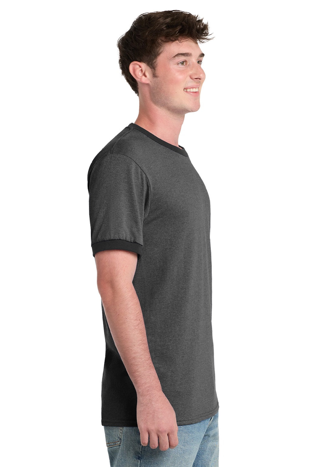 Port & Company PC54R Mens Core Ringer Short Sleeve Crewneck T-Shirt Heather Dark Grey/Jet Black Model Side