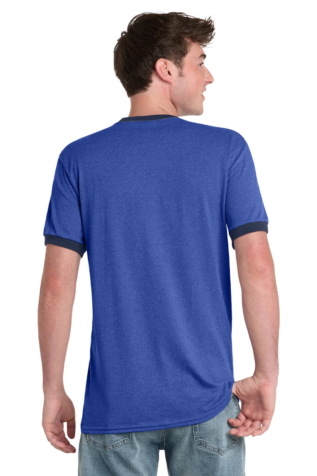Port & Company PC54R Mens Core Ringer Short Sleeve Crewneck T-Shirt Heather Royal Blue/Navy Blue Model Back