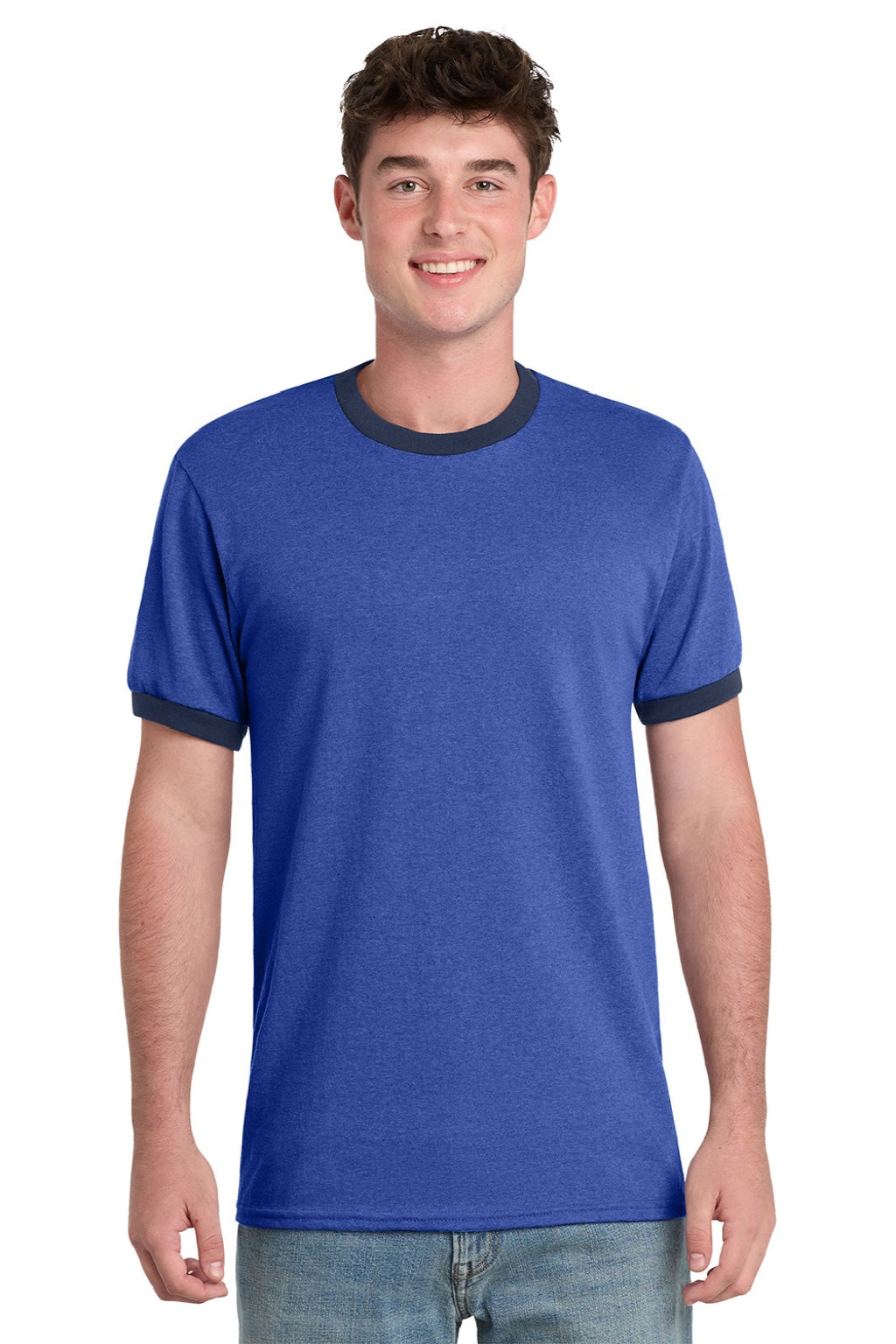 Port & Company PC54R Mens Core Ringer Short Sleeve Crewneck T-Shirt Heather Royal Blue/Navy Blue Model Front