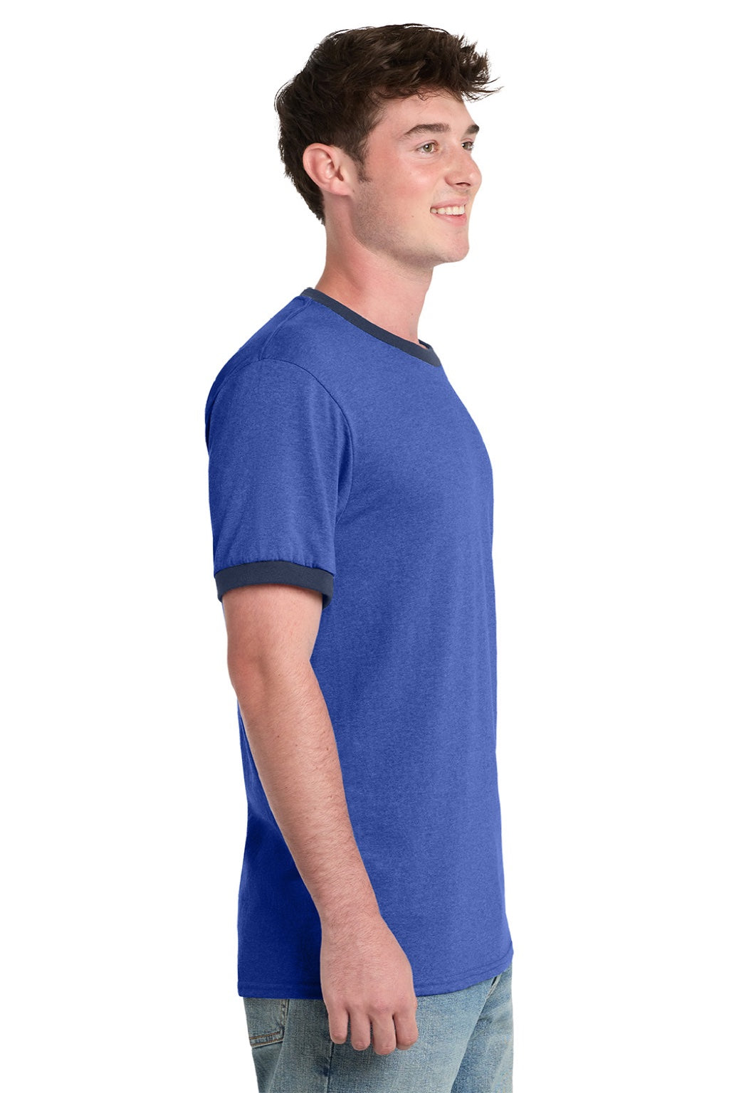 Port & Company PC54R Mens Core Ringer Short Sleeve Crewneck T-Shirt Heather Royal Blue/Navy Blue Model Side