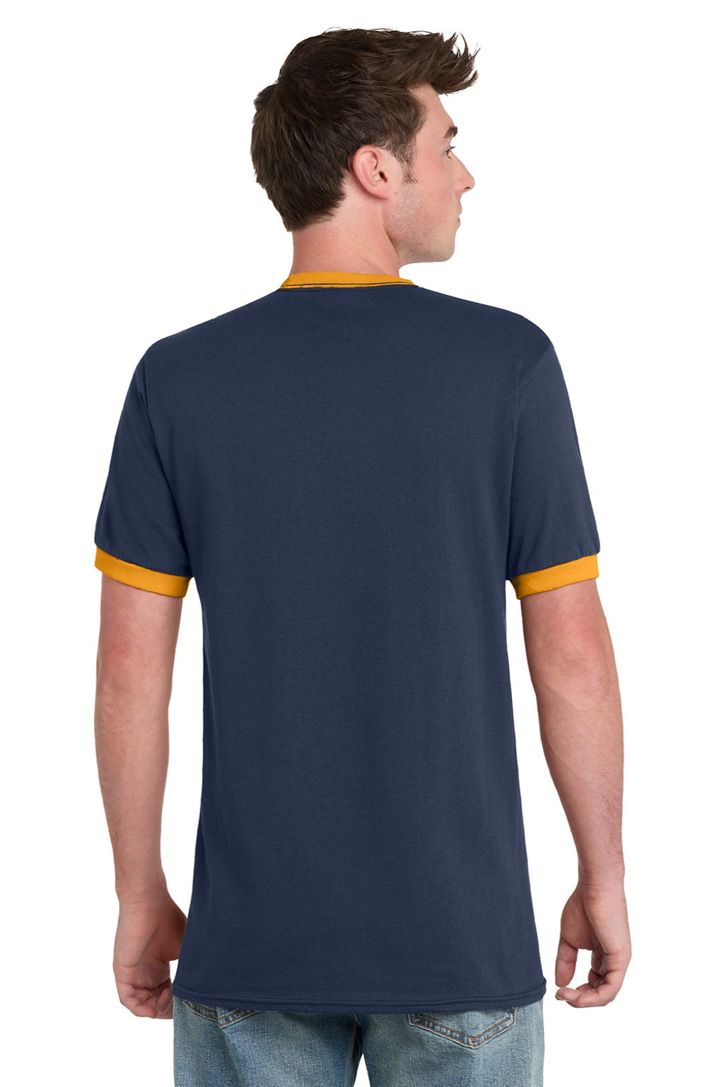 Port & Company PC54R Mens Core Ringer Short Sleeve Crewneck T-Shirt Navy Blue/Gold Model Back