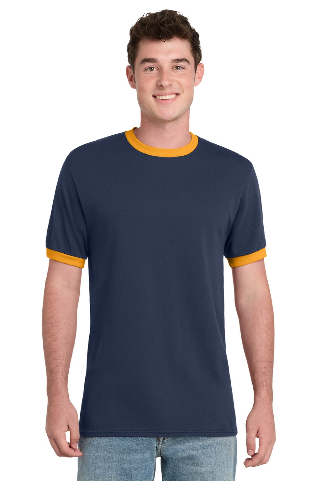 Port & Company PC54R Mens Core Ringer Short Sleeve Crewneck T-Shirt Navy Blue/Gold Model Front