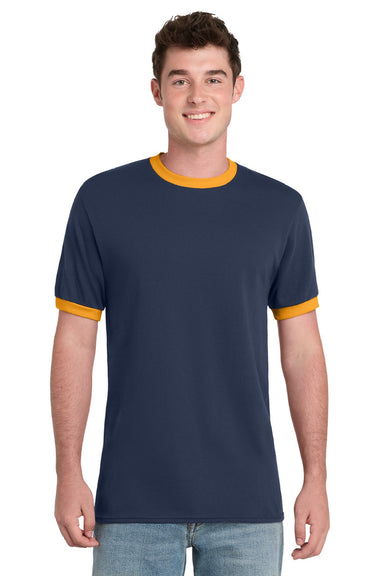 Port & Company PC54R Mens Core Ringer Short Sleeve Crewneck T-Shirt Navy Blue/Gold Model Front