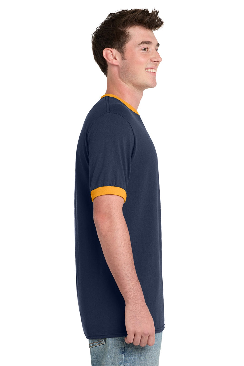 Port & Company PC54R Mens Core Ringer Short Sleeve Crewneck T-Shirt Navy Blue/Gold Model Side